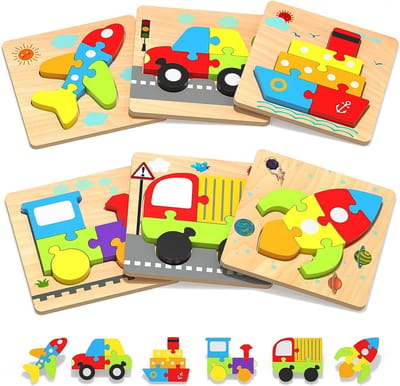 BOTC Houten Knoppuzzel Boerderij - Set van 6 stuks - Houten Puzzel met Knopjes - Educatief Peuterspeelgoed - Vanaf 12 maanden