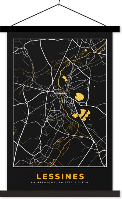 Posterhanger incl. Poster 40x60 cm - Schoolplaat - Kaart - Lessines - Stadskaart - Goud - Plattegrond - Textielposter - Zwarte latten - Stadskaart