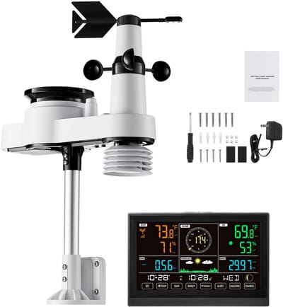 5-in-1 Weerstation met 7,5-inch Display, Zonne-Energie Aangedreven Buitensensor, Inclusief Regenmeter, Weersvoorspelling, Temperatuur, Luchtvochtigheid, Windsnelheid en Windrichting (Geen Wifi)