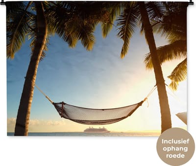 Wandkleed - Wanddoek - Palmboom - Hangmat - Zonsondergang - 120x90 cm - Wandtapijt