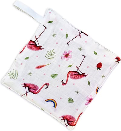 World of Mies - speendoekje flamingo - babyverzorging - hydrofiel en velours - handgeschilderd design door Mies