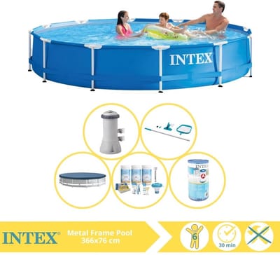 Intex Rond Frame Zwembad - 366 x 76 cm - Blauw - Inclusief Pomp - Afdekzeil - Onderhoudspakket - Filter - Schoonmaakset - 6-delig