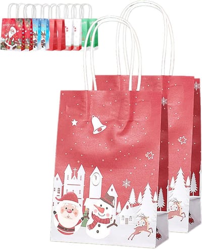 Kerstcadeauzakken set van 12, papieren geschenkzakken met handvatten, ideaal voor feestelijke cadeauverpakking, formaat 15 x 21 x 8 cm