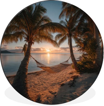 WallCircle - Wandcirkel - Muurcirkel - Palmbomen - Hangmat - Strand - Zonsondergang - Aluminium - Dibond - 30x30 cm - Binnen en Buiten