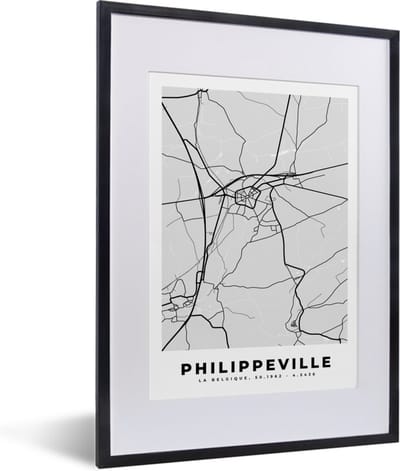 Fotolijst incl. Poster Zwart Wit- Kaart – Plattegrond – Stadskaart – Philippeville – België – Zwart Wit - 30x40 cm - Posterlijst