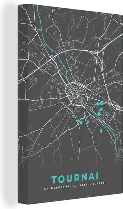 Canvas Schilderij Kaart – Plattegrond – Stadskaart – Tournai – België - Grijs - 20x30 cm - Wanddecoratie