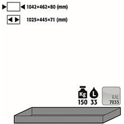 Standaard lade voor asecos veiligheidskasten van de series Q30, Q90 en S90, plaatstaal, lichtgrijs, B 1042 x D 462 x H 80 mm, 33 l, tot 150 kg