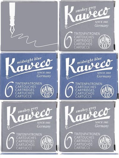 Kaweco Vulpen vullingen 6 doosjes, 4x Grijs, 2x Midnight Blue