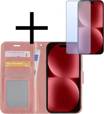 Hoesje - Met Screenprotector - Geschikt voor Apple iPhone 15 - Luxe Pasjeshouder - Bookcase Portemonee - Flip Case - Kunstleer Book Case - Flipcase - Book Cover - Walletcase - Portemonneehoes - Rosé goud