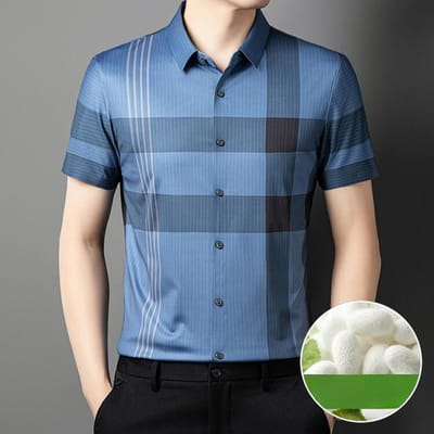 Heren Korte Mouw Gestreept Business Casual Zomerlos Professionele Werkkleding Strijkloos Zijden Halfmouwige Shirt 4XL gray