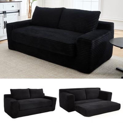 FloraGrace Slaapbank 2-Zits - 2-In-1 Uitklapbaar Voor Kleine Ruimtes - Compact En Comfortabel - Ribstof - Zwart