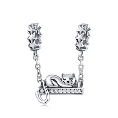 Bedel Kat met Veiligheidsketting - RomyStones - Zilver & Zirkonia - Kerst Cadeau