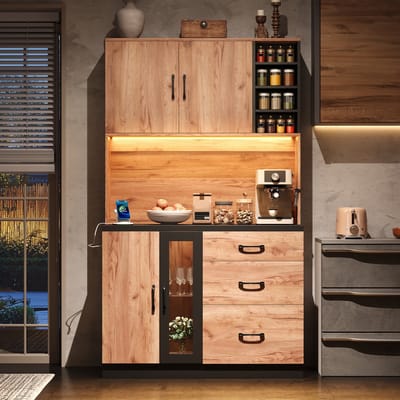 Keukenkast - 105x40x180 cm - Met LED Verlichting en Stopcontact - Met Verstelbare Planken - Hout - Zonder Kleur