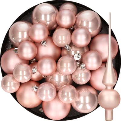 Kerstversiering kunststof kerstballen met glazen piek lichtroze 6-8-10 cm pakket van 45x stuks - Kerstboomversiering