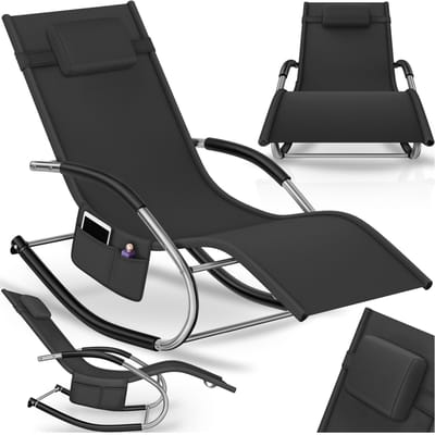 tectake® Ligstoel met Schommelfunctie – Ergonomisch Ligbed voor Tuin, Terras en Balkon – Relaxstoel met Hoofdsteun, Armleuningen en Opbergvak – Draagvermogen 120 kg – Zwart