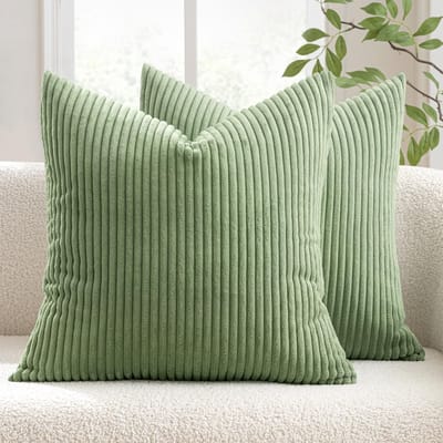 Famanu - Corduroy kussenhoes 50x50 cm bonengroen, ribfluwelen sierkussenhoes met verborgen rits, decoratief voor bank