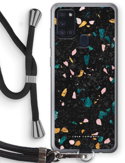 Case Company® - Hoesje met koord geschikt voor Samsung Galaxy A21s hoesje met Koord - Terrazzo N°10 - Telefoonhoesje met Zwart Koord - Bescherming aan alle Kanten en Over de Schermrand