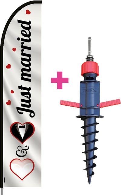 Beachflag - Just Married - Vlag + Grondboor + Rotator + Hengelsysteem + Draagtas - Actievlag.nl