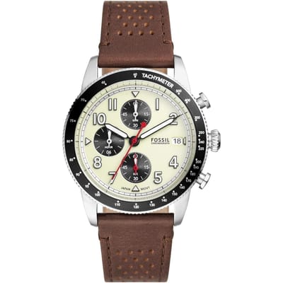 Fossil - Driewijzer bruine leren band, witte wijzerplaat, heren quartz horloge met datumweergave FS6042 bruin