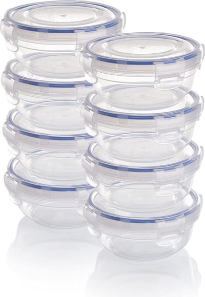 Kunststof vershouddozen, 8 x voorraaddozen met deksel, plat, rond, stapelbaar, breuk-, magnetron- en vaatwasmachinebestendig