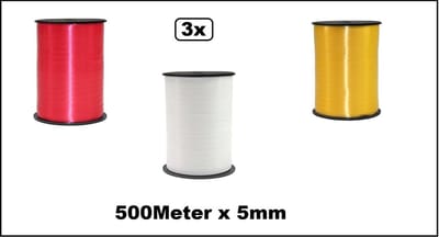 3x Krul lint rood-wit-geel 5mm x 500m - Carnaval Krullint kerst thema feest decoratie kado