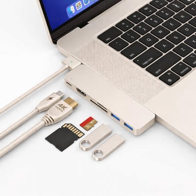 M-TECK MacBook Air/Pro USB-C - Dock - HUB - Splitter - 1 x HDMI 4K60Hz - 1 x Thunderbolt - 2 x USB3.0 - SD/MicroSD kaartlezer - M1/M2/M3/M4- Kleur: Starlight