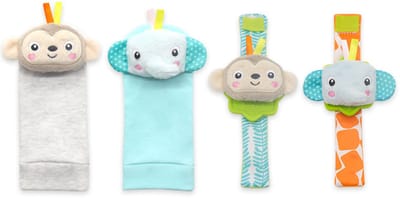 Baby Rammelaar Set - Sokjes en Rammelaar Armbanden - 4-delig rammelaar set - sokken - voor de allerkleinste - pols- en Voetrammelaar set - 0 t/m 24 maanden - Olifant & Aap