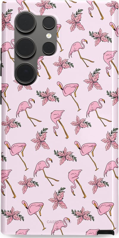 Casetastic hoesje geschikt voor Samsung Galaxy S24 Ultra - Dubbellaagse bescherming - Tropisch Roze Flamigo Bloemen Paradijs - Fashion Case - Lichtgrijs Wit Lichtroze