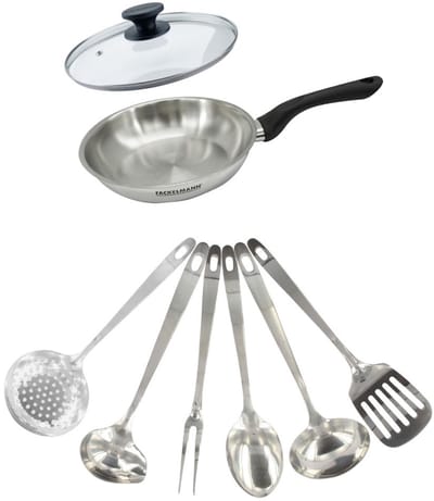 Set pan 20 cm roestvrij staal, glazen deksel en 6 roestvrijstalen keukengerei Fackelmann Geneva