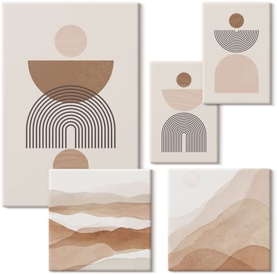 Wallfluent Set van canvas schilderijen - Abstracte composities in aardse tinten en geometrische vormen Canvas Schilderijen Set - Set van 5 Canvas Schilderijen - Beige Set van Canvas Prints - Abstractie Canvas Kunst Set - Boheemse Canvas Kunst Set
