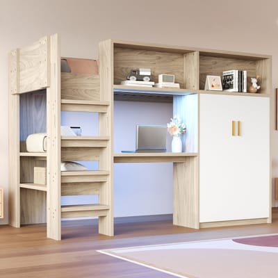 Hoogslaper - 90 x 200 cm - Multifunctioneel Met Bureau Kleerkast en Planken - LED-Verlichting Inclusief Lattenbodem - Hout - Houtkleur