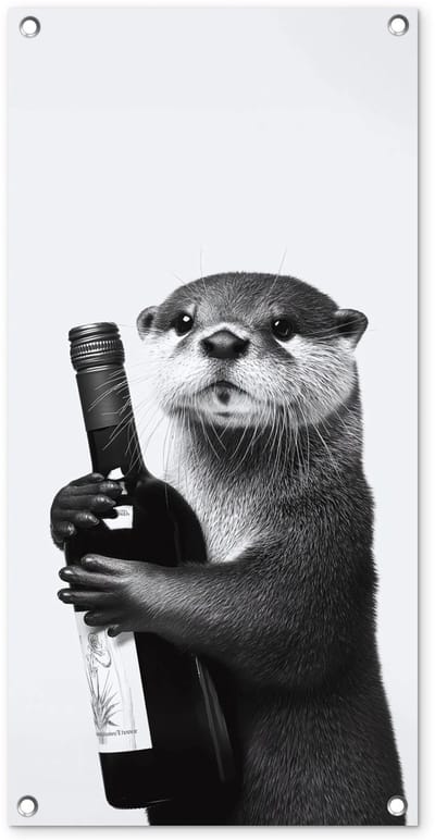Tuinposter 40x80 cm - Tuindecoratie Wijnfles - Otter - Zwart - Poster voor in de tuin - Buiten decoratie - Schutting tuinschilderij - Tuindoek muurdecoratie - Wanddecoratie balkondoek