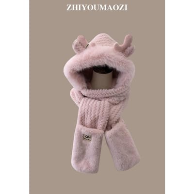 Schattige Winter Pluche Hoed met Herten Geweien voor Dames met Koude Bescherming en Warme Oorbescherming Dubbel Verdikte Sjaal Handschoenen Geïntegreerde Hoed One size