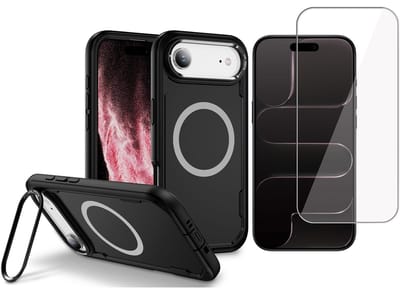 Hoesje met Kickstand + Screenprotector geschikt voor iPhone Air / 17 Air – Geschikt voor MagSafe - Extra Sterk - Military Grade – Draadloos Opladen – Zwart