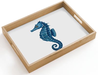 Dienblad hout 40x30 cm - Schootdienblad - Zeepaardje - Staart - Blauw - Borrelplank rechthoek - Plateau dienbladen