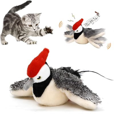 QTTVBTNA - Interactief flappy vogel kattenspeelgoed - Specht - Interactief Katten Speelgoed - Geluid Maker en Vleugel Beweging - met catnip - USB Oplaadbaar - 1 Stuk