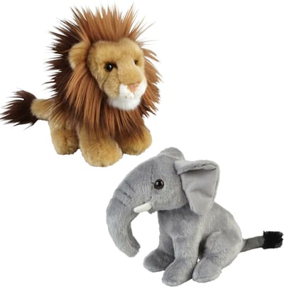 Ravensden - Knuffeldieren set leeuw en olifant pluche knuffels 18 cm