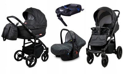 BabyLux® Kinderwagen 4in1 - AXEL - CARBON BLACK FRAME - Opklapbare Wandelwagen incl. Reiswieg, Multifunctionele Buggy Sportstoel, Autostoel, ISOFIX basisstation - Combi-kinderwagen met Luiertas, Regenhoes, Klamboe