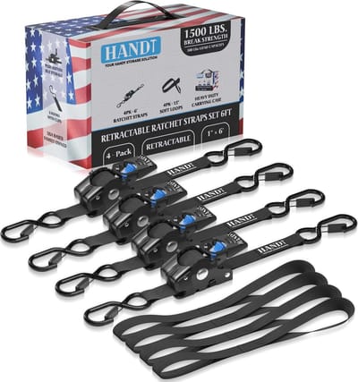 Retractable Ratchet Straps 1" x 6ft - Heavy Duty Tie Down with Automatic Self Ratcheting - 4 Pack