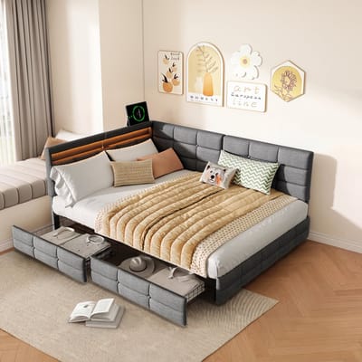 Hoekbed met Opbergruimte 140x190 cm, Grijs Bed met LED, USB/Type-C en Stopcontact, Modern Bed met Lades en Flexibele Opstelling