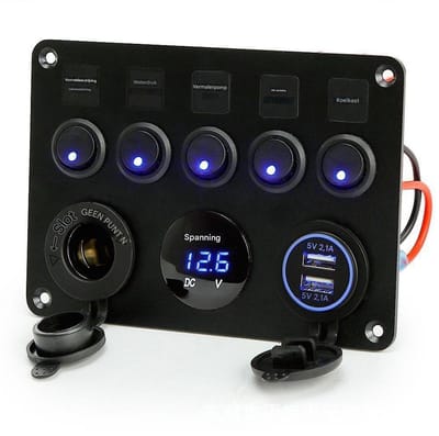 GELLDG Schakelpaneel - 5-standen tuimelschakelaar - 12V/24V - Tuimelschakelaarpaneel - Elektrisch paneel - RV-accessoires - Geschikt voor gebruik op schepen, campers en caravans - Blauw