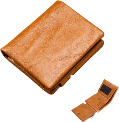 Drievoudige vintage portemonnee van echt leer - RFID-antidiefstalbeveiliging - ontwerp van geolied en gewaxt leer - 11*9,5*1,5 cm - bruin - 1 stuk