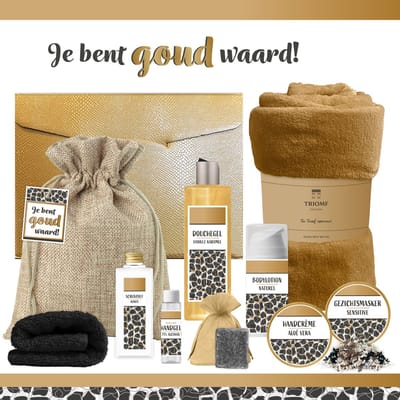 Geschenkset “Je bent goud waard!” - 10 producten - 1410 gram | Luxe Cadeaubox voor haar - Giftset Vrouw Vriendin - Cadeaupakket Collega - Cadeau Verjaardag - Moederdag - Gift Werknemer - Speciaal voor jou Kerstpakket - Kerst Cadeau Koper Goud - Zwart
