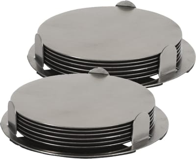 Onderzetters - 12x st - zilver - D8,5 cm - RVS - met houder - glazen/bekers/kopjes onderzetter