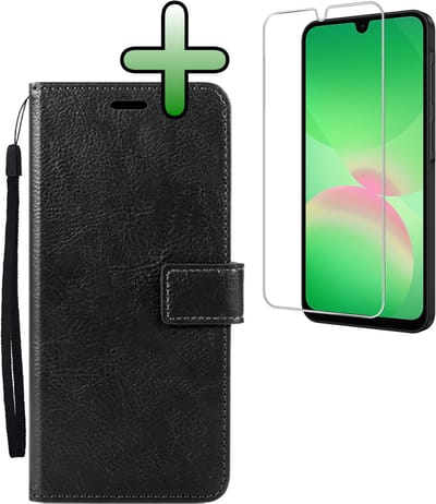 Hoesje Met Screenprotector - Geschikt voor Samsung Galaxy A26 - Luxe Pasjeshouder - Bookcase Portemonee - Flip Case - Kunstleer Book Case - Flipcase - Book Cover - Walletcase - Portemonneehoes - Zwart