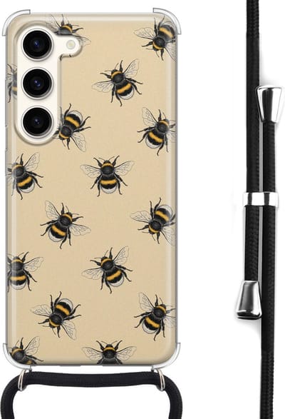 Hoesje met koord - Geschikt voor Samsung Galaxy S23 - Bijen print - Verstelbaar zwart koord - Crossbody - Print / Illustratie - Zwart, Transparant - Leuke Telefoonhoesjes