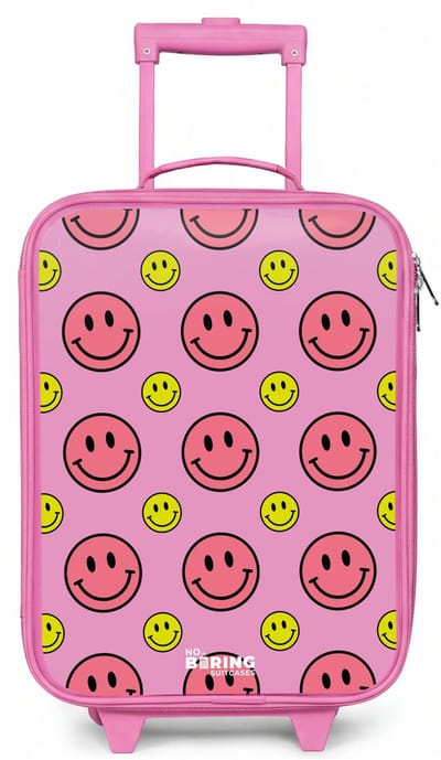 NoBoringSuitcases.com® - Kinderkoffer roze - Kindertrolley meisje - All smiles roze - Koffer kind lichtgewicht - Reiskoffer trolley voor kinderen - Koffertje met lichtgevende wieltjes - Rolkoffer