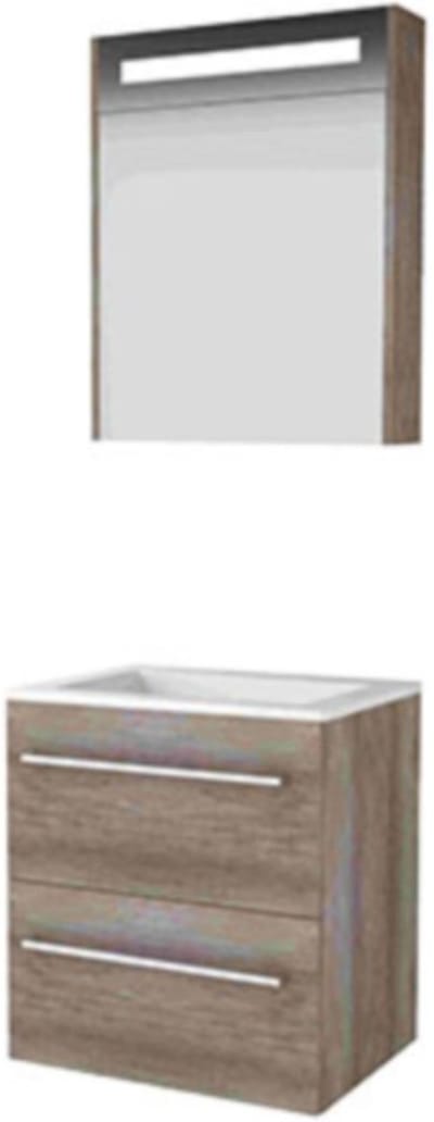 Basic-Line Premium 46 Badkamermeubelset - 60 x 46 cm - Met Grepen - 2 Lades - Acryl Wastafel - Zonder Kraangat - Spiegelkast met LED Verlichting - Scotch Oak