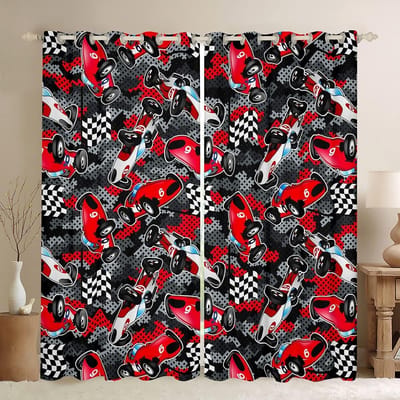 Famanu - Rode raceauto gordijnen voor kinderkamer, camouflagepatroon, verduisterend – Rood