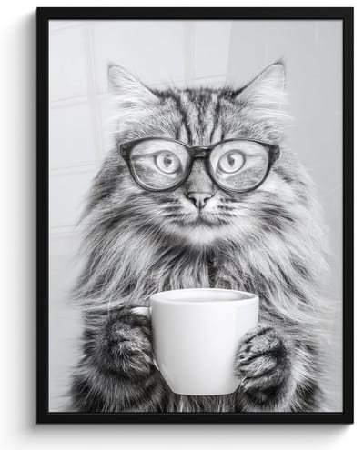 Poster in lijst - Fotolijst 50x70 cm - Posters - Kat - Bril - Mok - Pluizig - Posterlijst zwart - Decoratie - Wanddecoratie woonkamer - Muurdecoratie slaapkamer